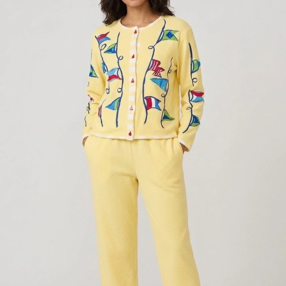 Vtg ONQUE Nautical Lounge Set Cardigan M & Pants L Yellow Cotton Coastal 90s Y2K